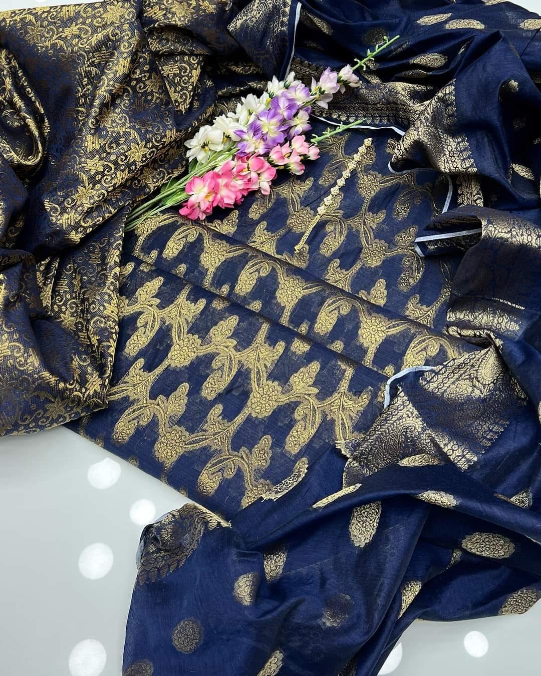 3pc Blue Banarsi Style Cotton Jacquard Dress