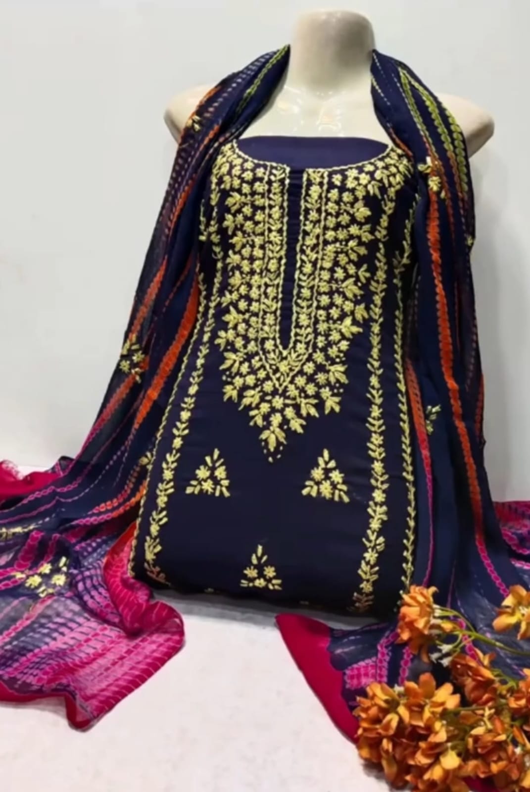 3pc Lawn Gotta Work Jall Dress (Tie & Dye Dupatta) Navyblue