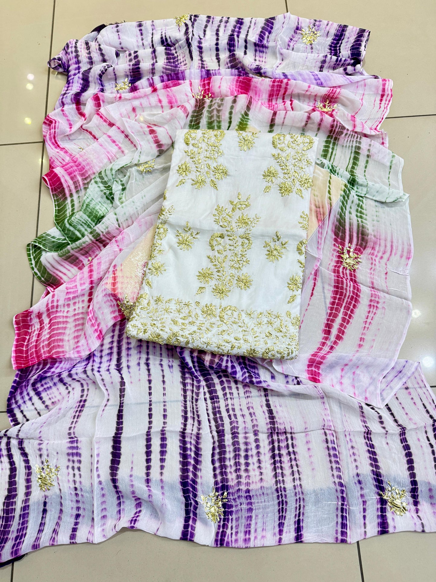 New 3pc Lawn Gotta Work Dress (Tie & Dye Dupatta)