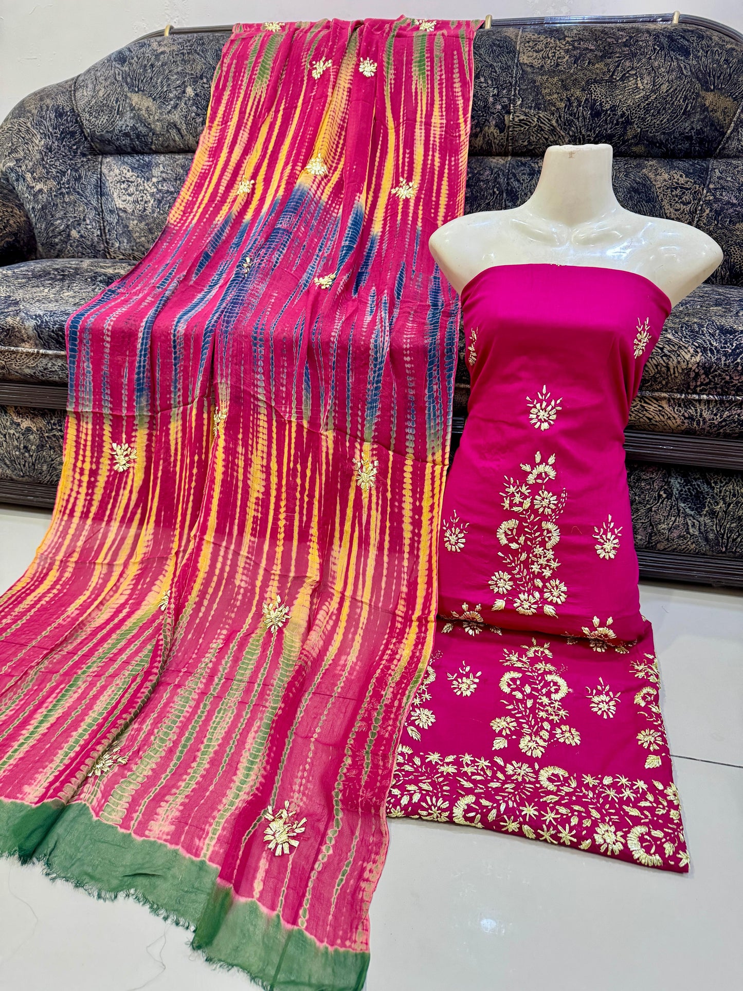 New 3pc Lawn Gotta Work Dress (Tie & Dye Dupatta)