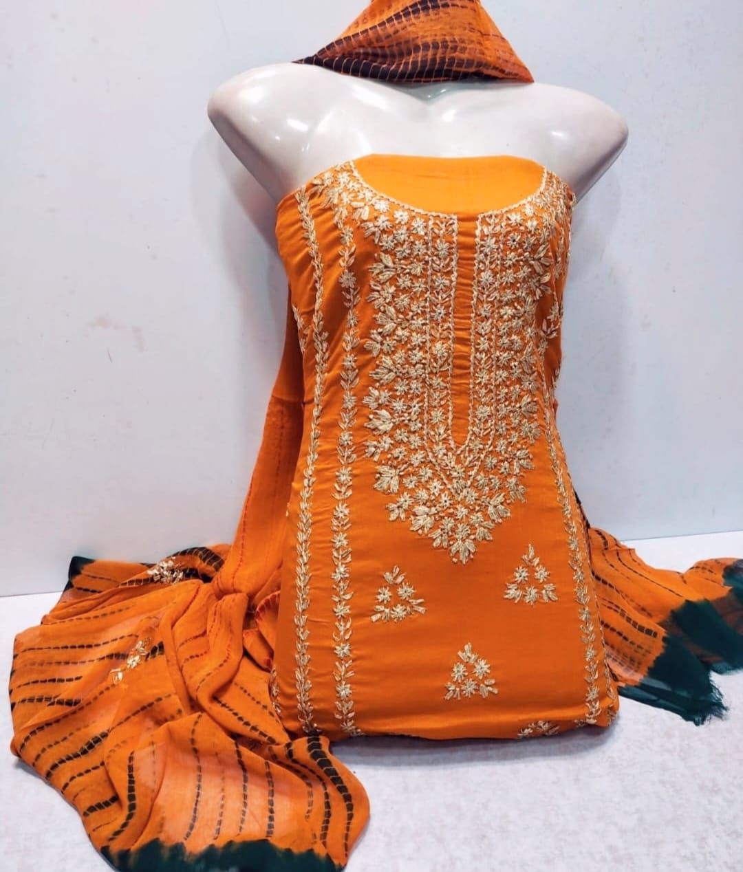 3pc Lawn Gotta Work Jall Dress (Tie & Dye Dupatta) Orange