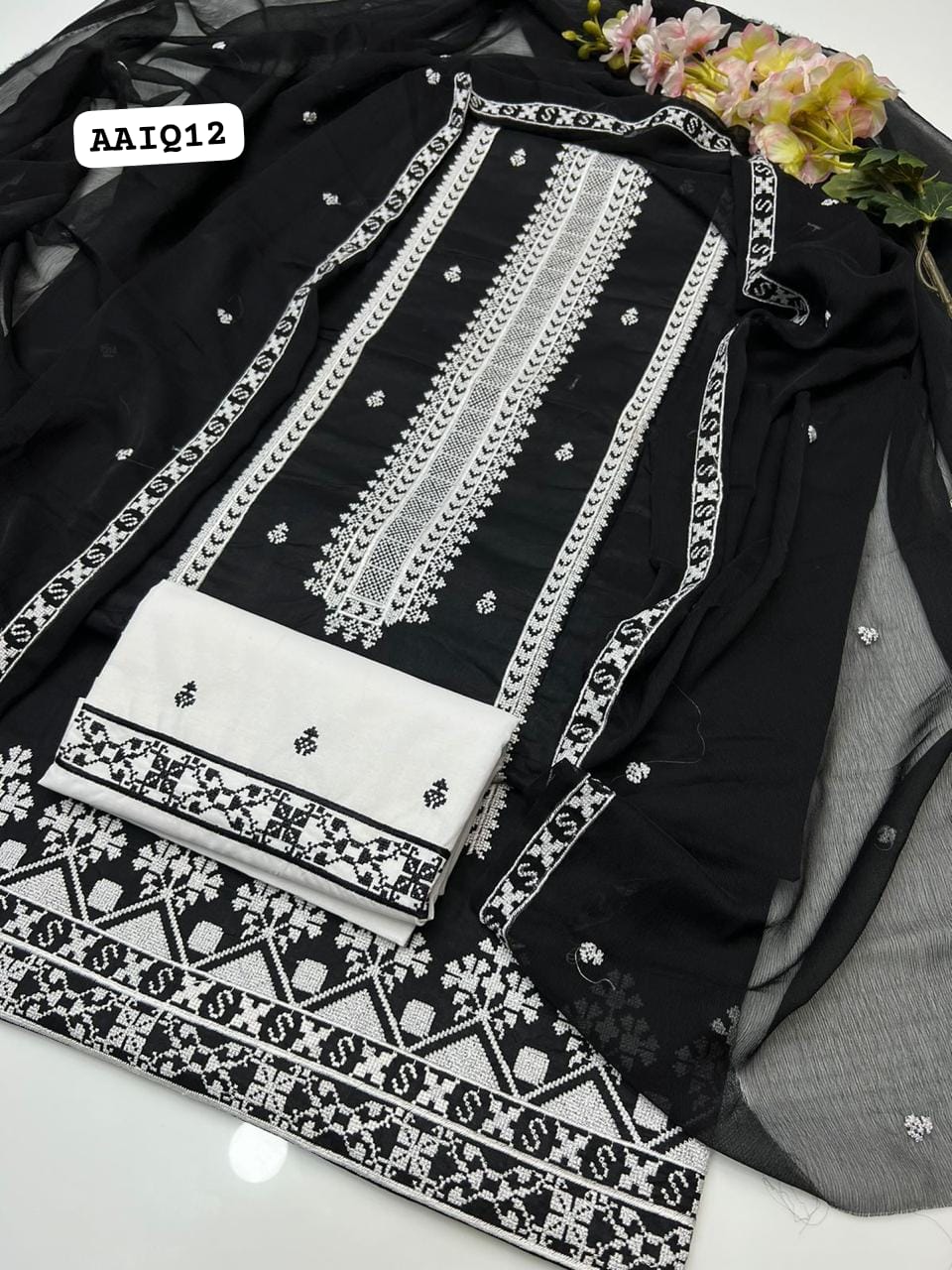 3pc Embroidered Dress (Black/White)