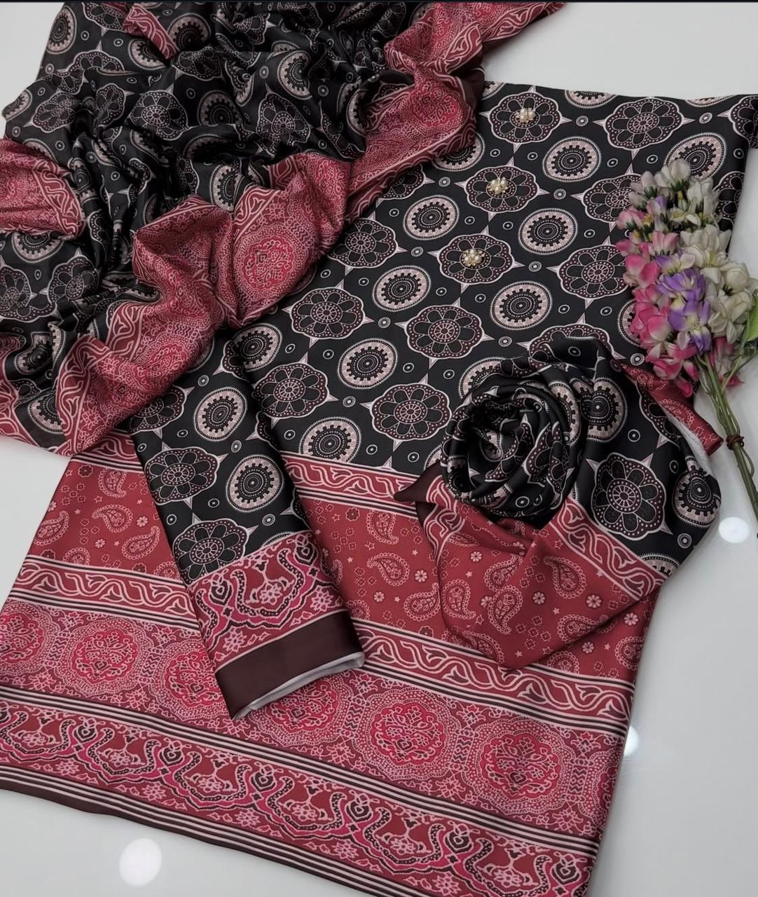 3PC Shamoze Silk Digital Print Dress (Ajrak)