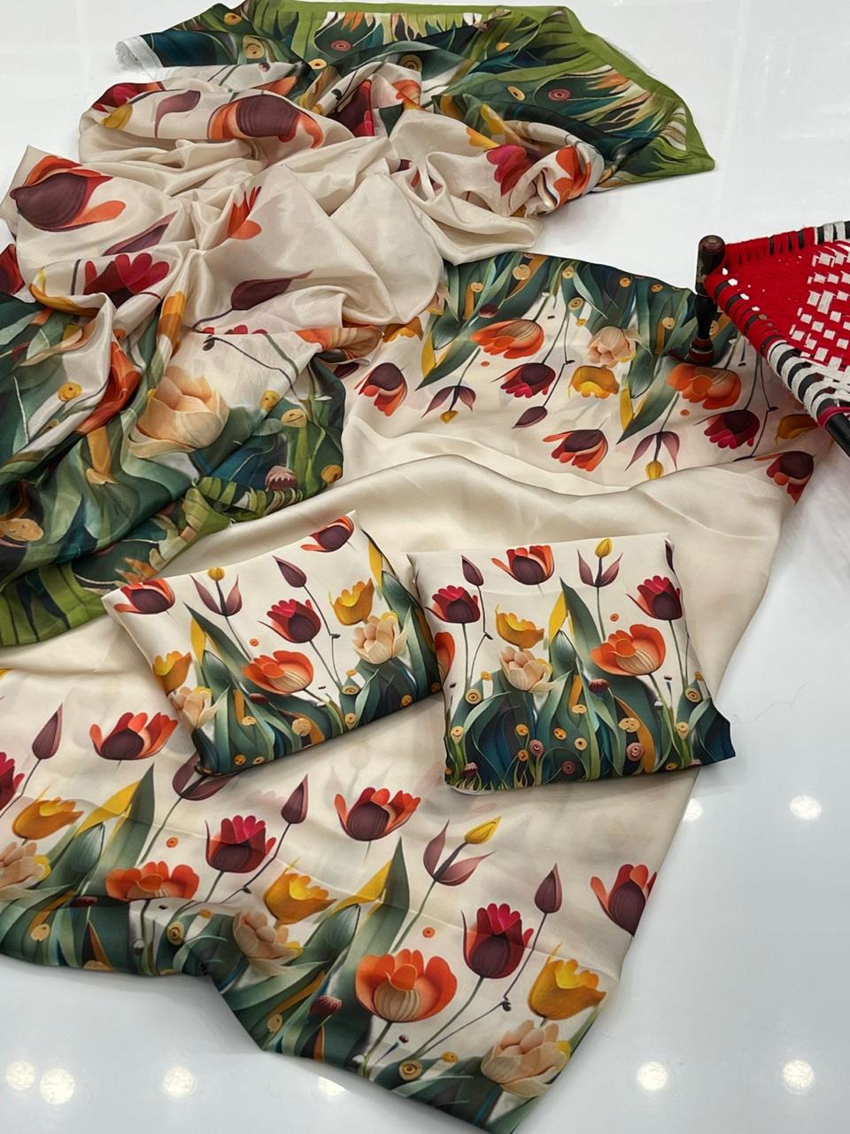 3PC Shamoze Silk Digital Print Dress (Cream)