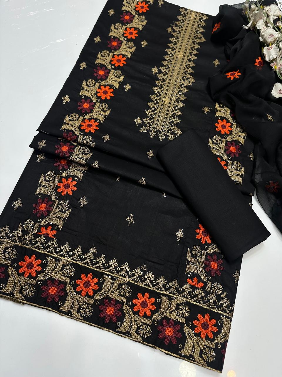 3pc Multi Embroided Dress With Sequence Work