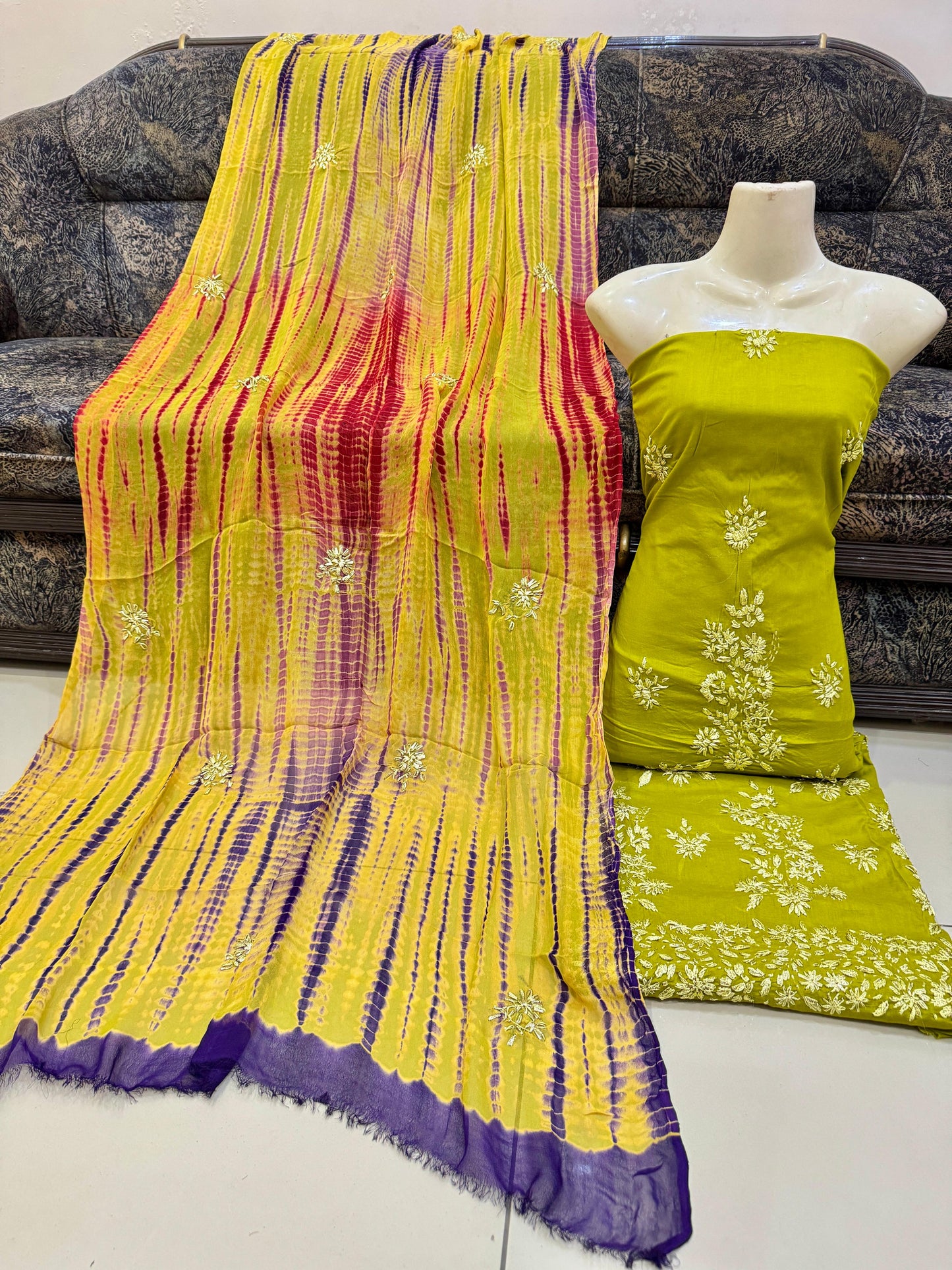 New 3pc Lawn Gotta Work Dress (Tie & Dye Dupatta)