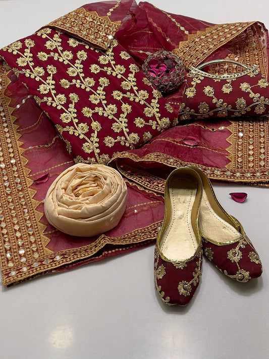 5 PC Embroidered Suit (Khussa & Clutch Free) Meroon