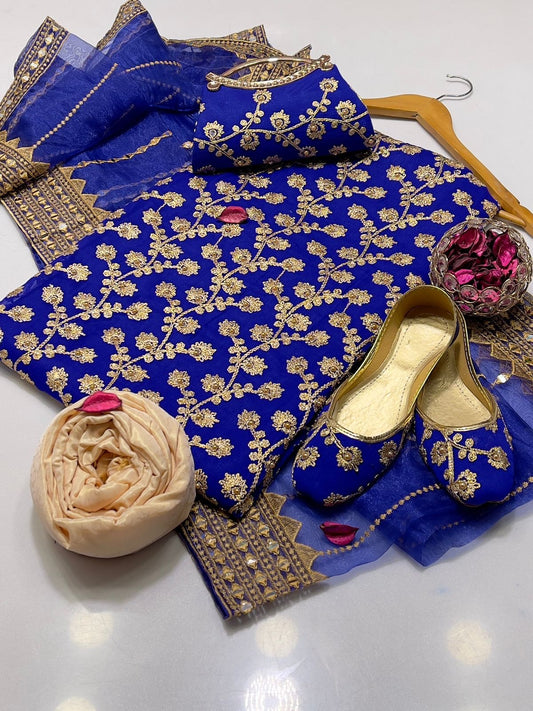 5 PC Embroidered Suit (Khussa & Clutch Free) Blue