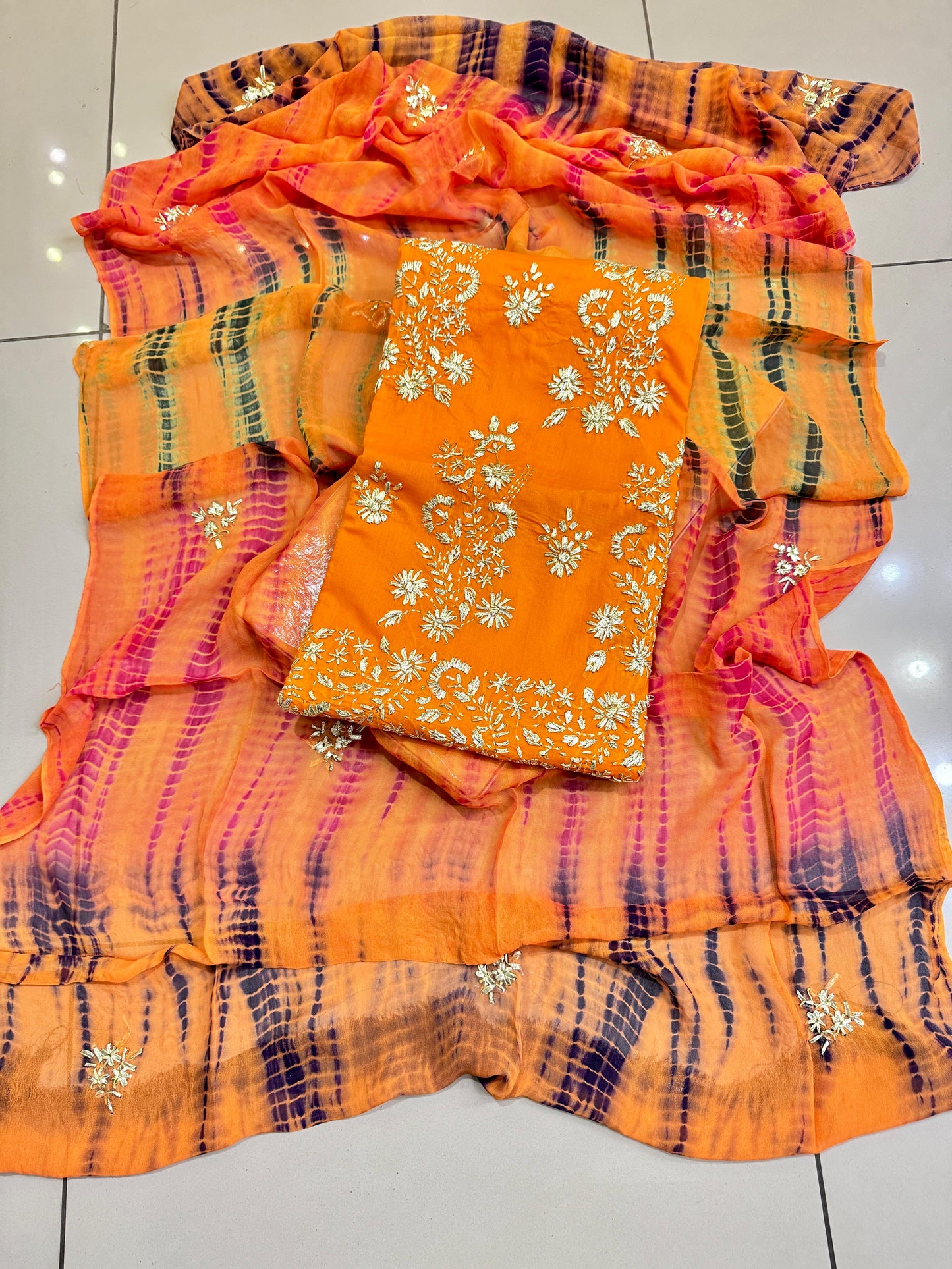 New 3pc Lawn Gotta Work Dress (Tie & Dye Dupatta)