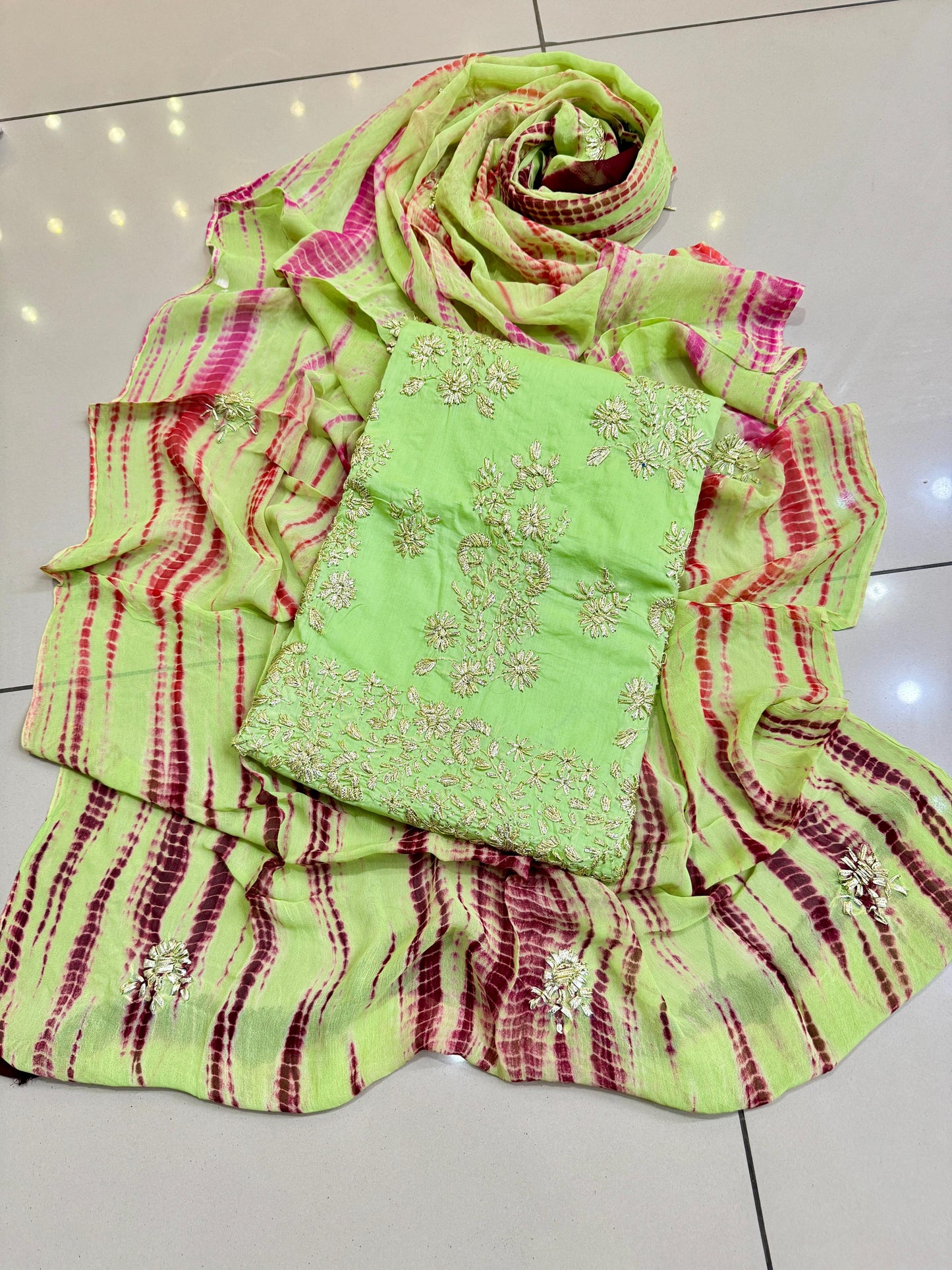 New 3pc Lawn Gotta Work Dress (Tie & Dye Dupatta)
