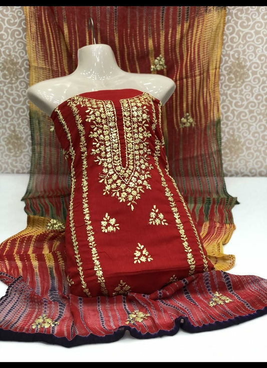 3pc Lawn Gotta Work Jall  Dress (Tie & Dye Dupatta) Red
