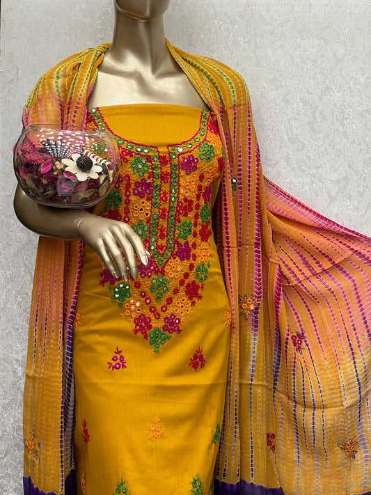 3pc Lawn HandMade Balochi Gala Mirror Dress (Tye & Dye Dupatta)