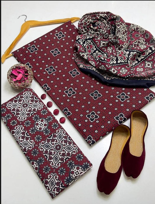 3pc Cotton Sindhi Ajrak Dress (Khussa Gift)