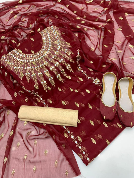 4pc Chiffon Booti Work (Khussa Gift) Meroon