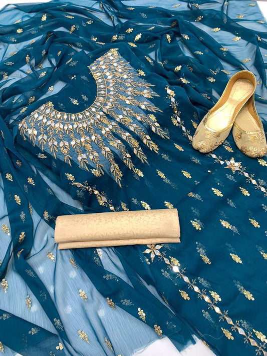 4pc Chiffon Booti Work (Khussa Gift) Ferozi