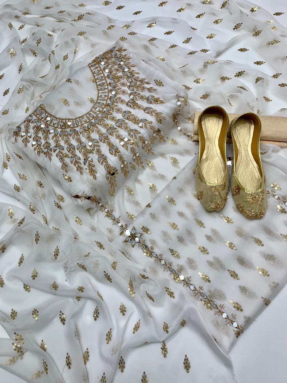 4pc Chiffon Booti Work (Khussa Gift) White