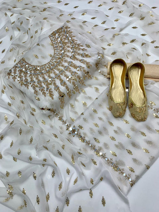 4pc Chiffon Booti Work (Khussa Gift) White