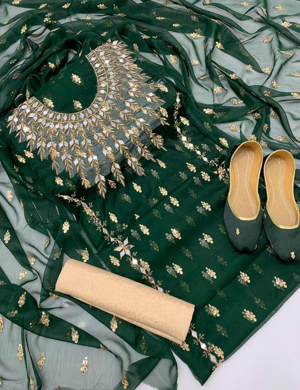 4pc Chiffon Booti Work (Khussa Gift) Green