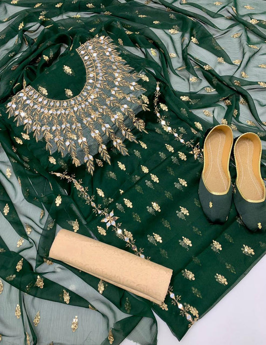 4pc Chiffon Booti Work (Khussa Gift) Green