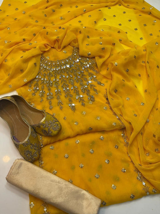 4pc Chiffon Booti Work (Khussa Gift) Yellow