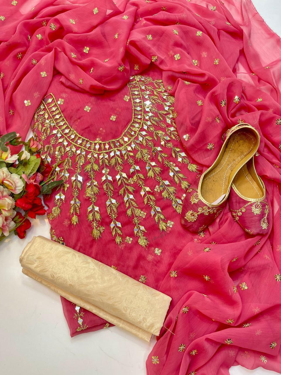 4pc Chiffon Booti Work (Khussa Gift) Pink