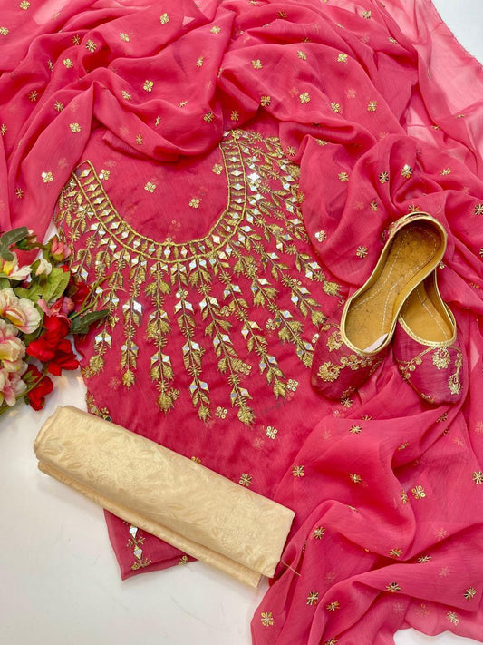 4pc Chiffon Booti Work (Khussa Gift) Pink