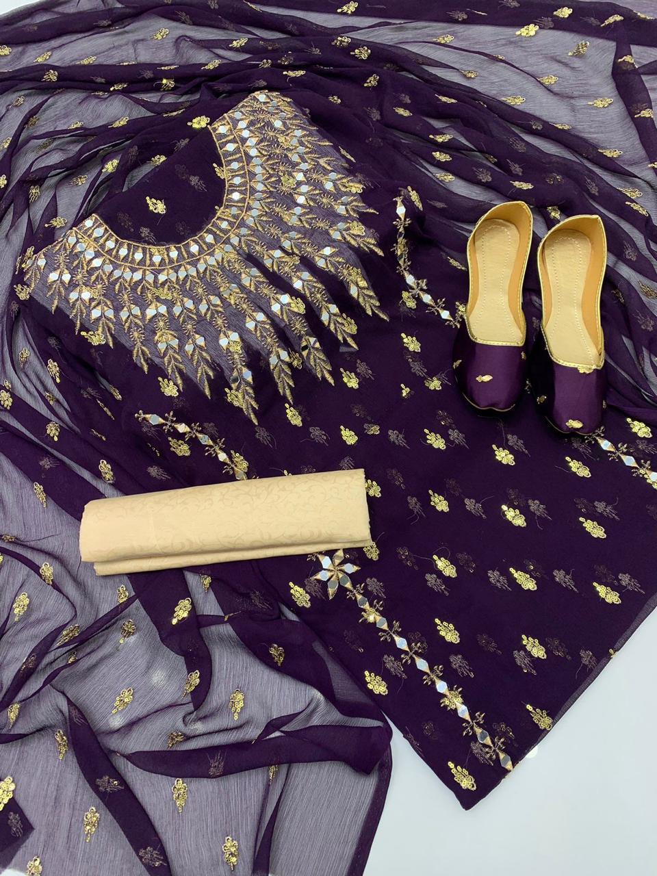 4pc Chiffon Booti Work (Khussa Gift) Purple