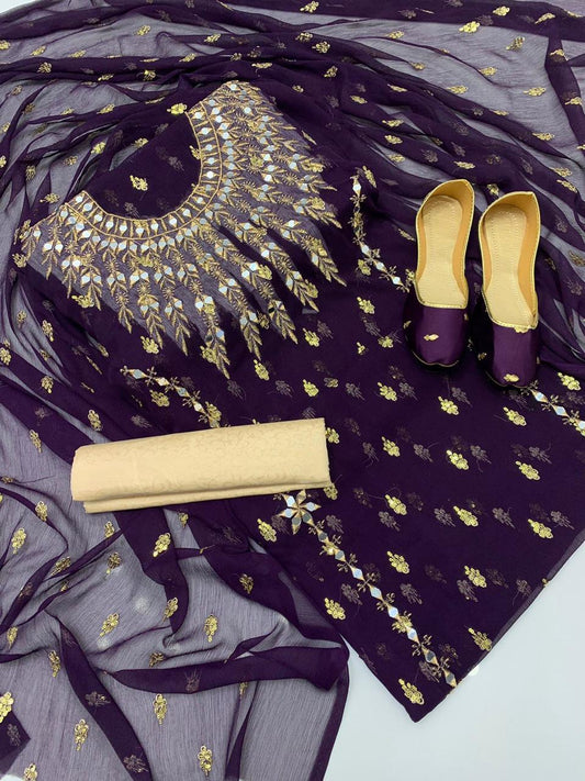 4pc Chiffon Booti Work (Khussa Gift) Purple