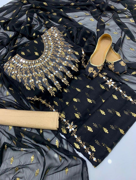4pc Chiffon Booti Work (Khussa Gift) Black