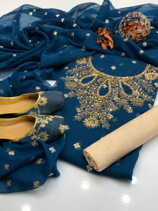 4pc Chiffon Embroidered Suit (Khussa Gift) Blue