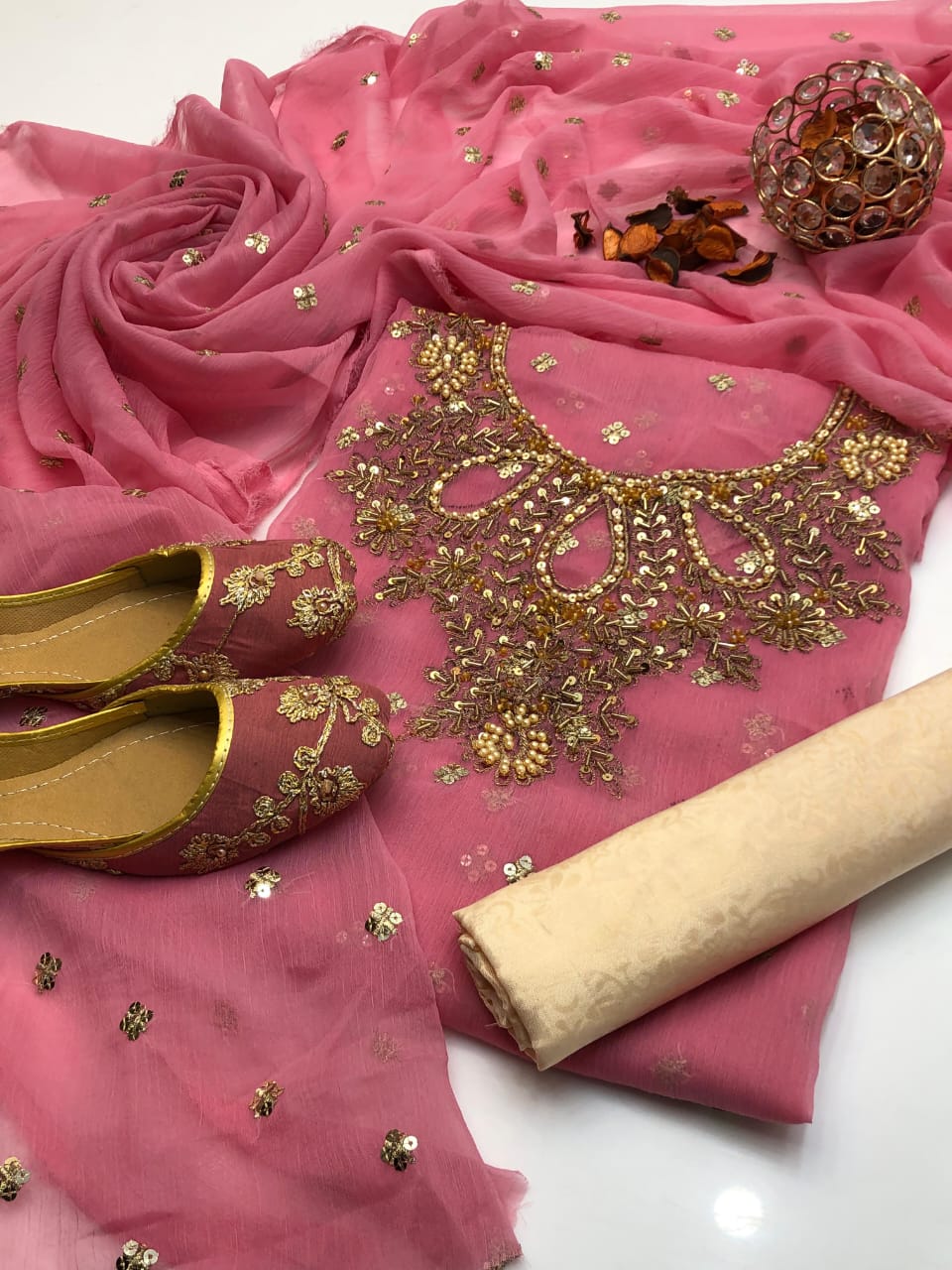 4pc Chiffon Embroidered Suit (Khussa Gift) Pink