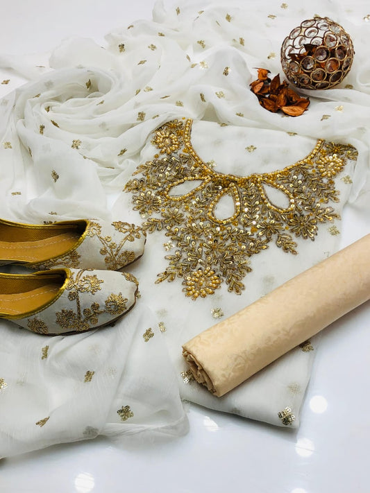 4pc Chiffon Embroidered Suit (Khussa Gift) White