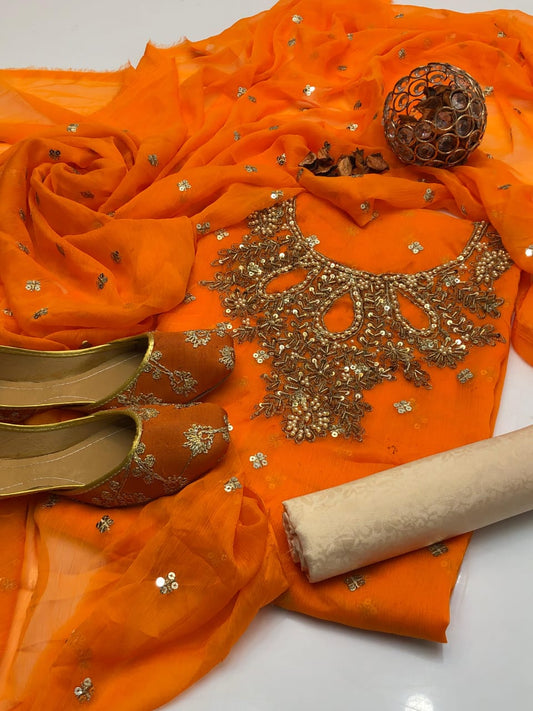 4pc Chiffon Embroidered Suit (Khussa Gift) Orange