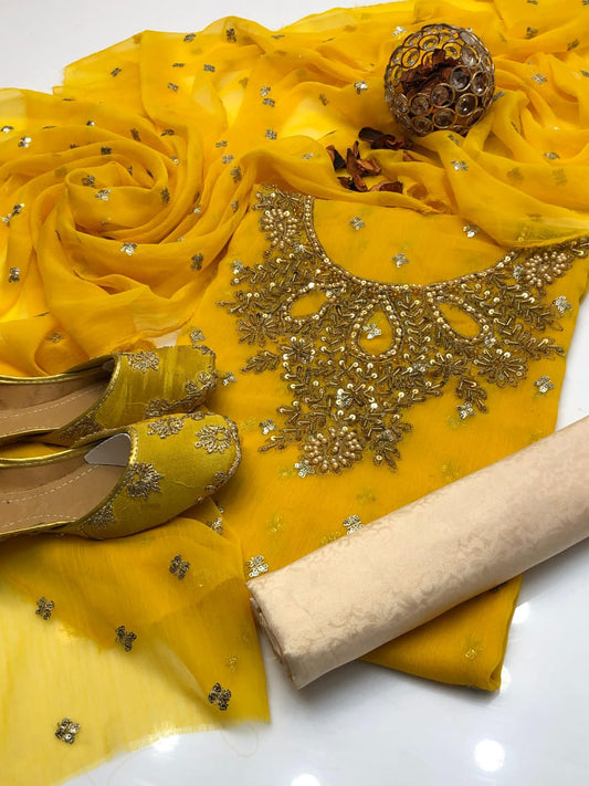 4pc Chiffon Embroidered Suit (Khussa Gift) Yellow