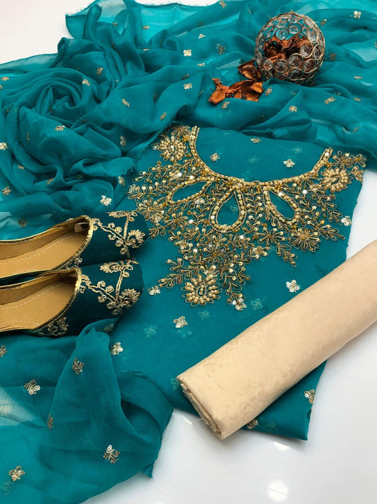 4pc Chiffon Embroidered Suit (Khussa Gift) Ferozi