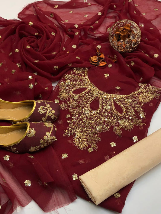4pc Chiffon Embroidered Suit (Khussa Gift) Meroon