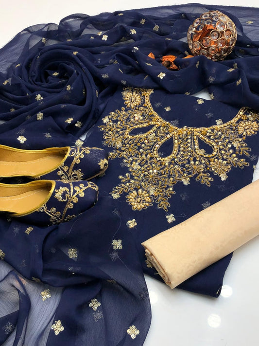 4pc Chiffon Embroidered Suit (Khussa Gift) NavyBlue