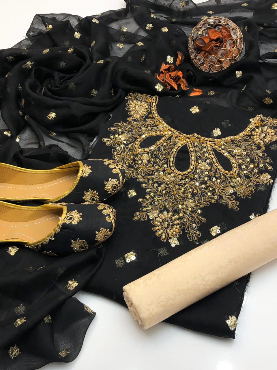 4pc Chiffon Embroidered Suit (Khussa Gift) Black