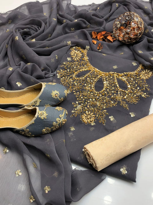 4pc Chiffon Embroidered Suit (Khussa Gift) Grey