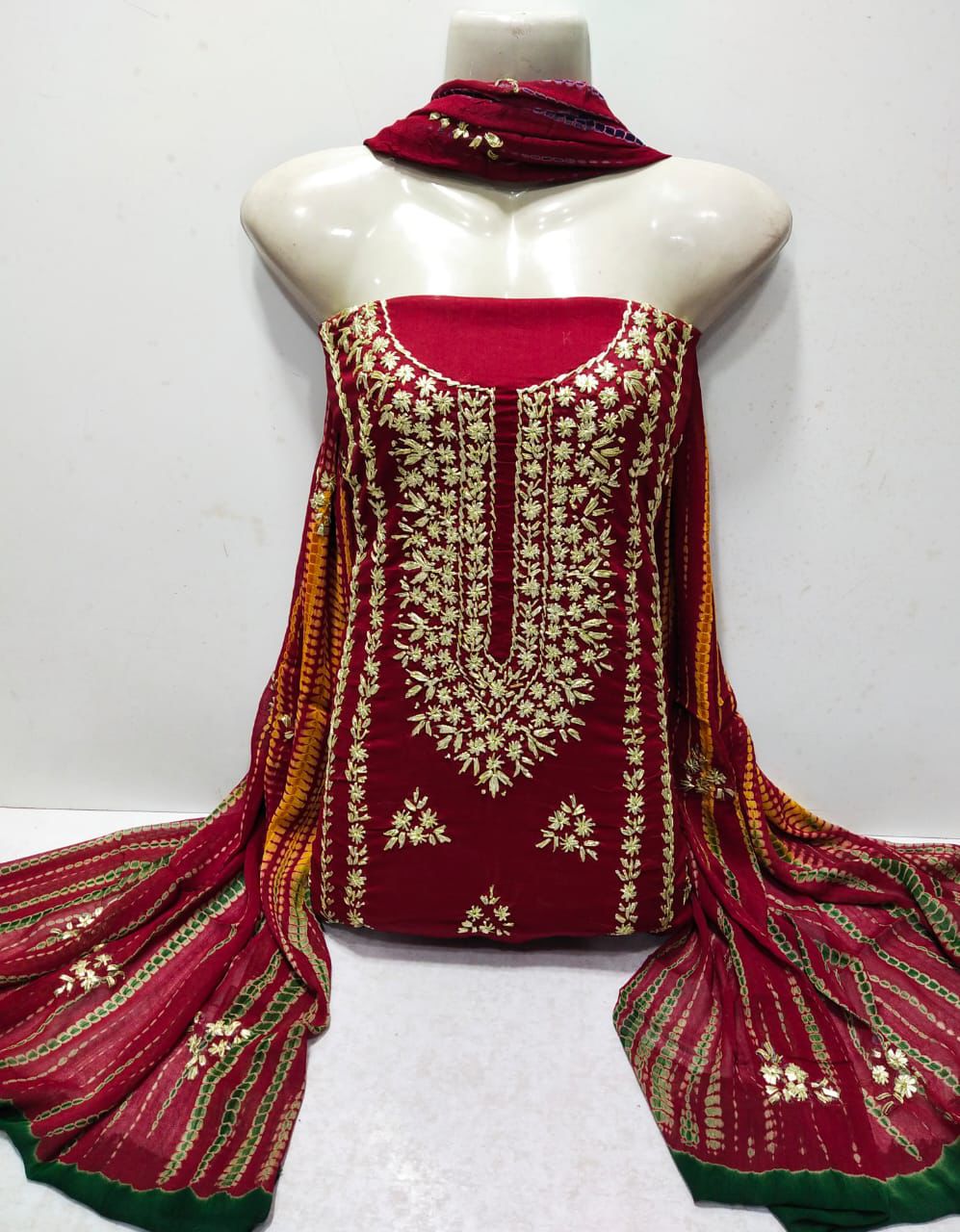 3pc Lawn Gotta Work Jall  Dress (Tie & Dye Dupatta) Meroon