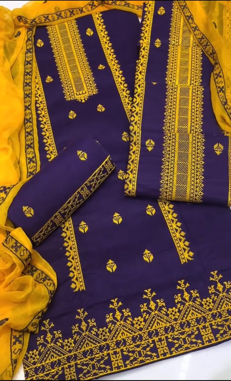 3pc Embroidered Dress (Purple/Yellow)