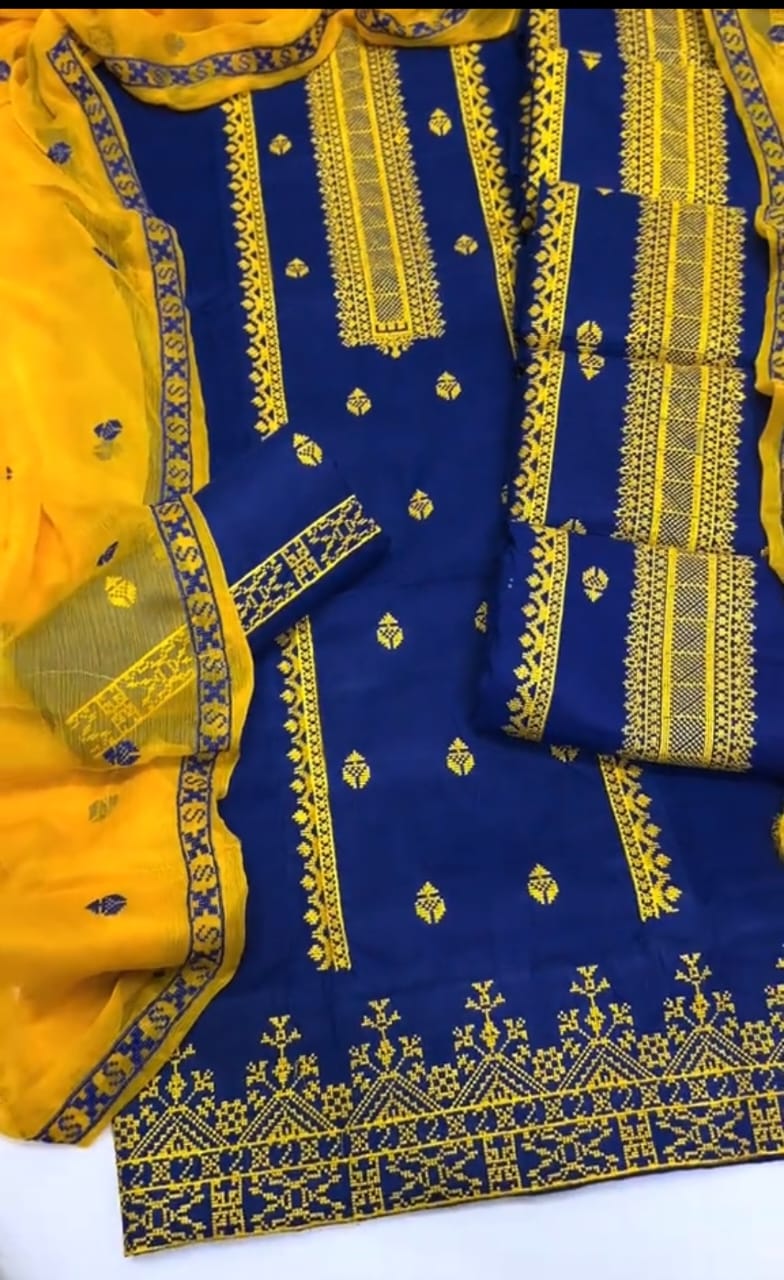 3pc Embroidered Dress (Blue/Yellow)