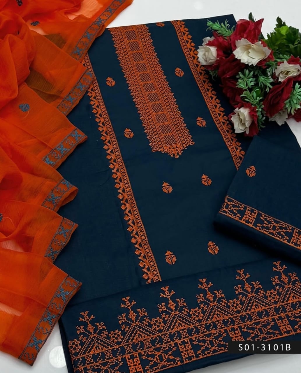 3pc Embroidered Dress (Zink/Orange)