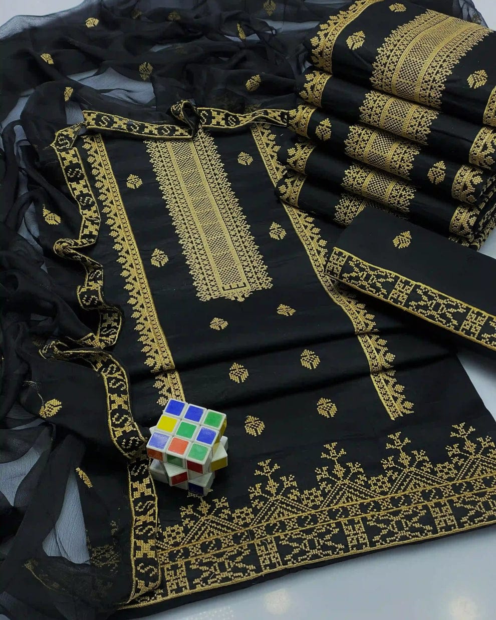 3pc Embroidered Dress (Black/Skin)