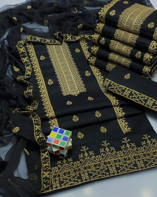 3pc Embroidered Dress (Black/Skin)