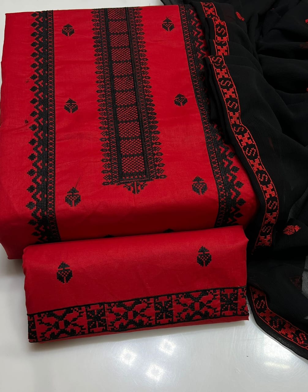 3pc Embroidered Dress (Red/Black)