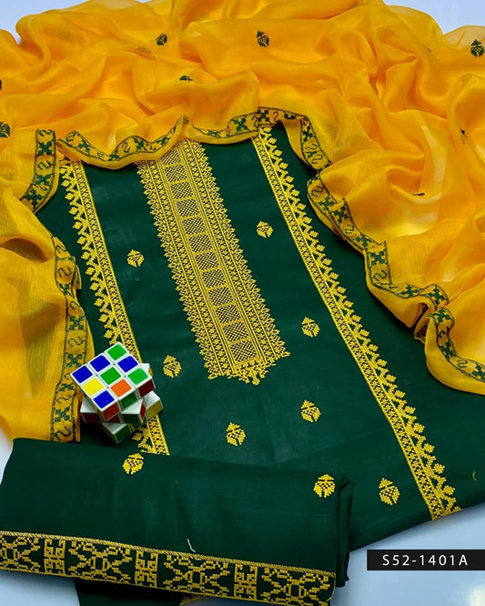 3pc Embroidered Dress (Green/Yellow)