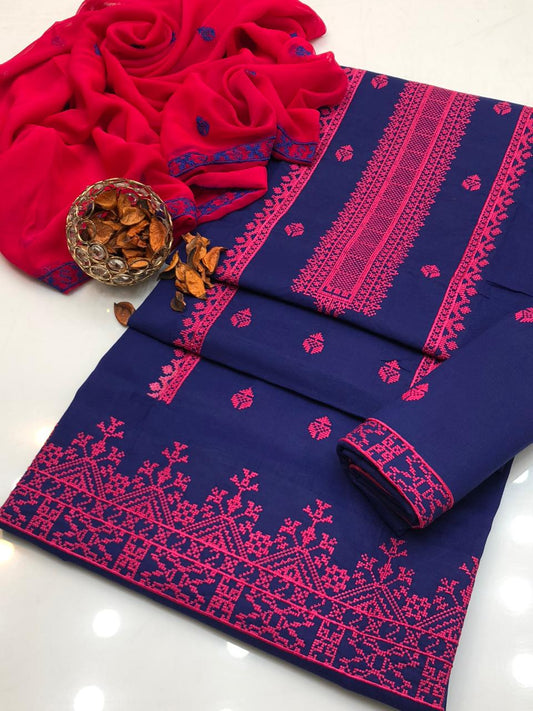 3pc Embroidered Dress (Blue/Pink)