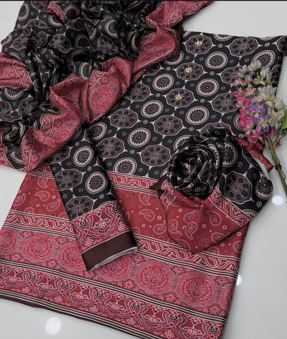 3PC Shamoze Silk Digital Print Dress (Ajrak)