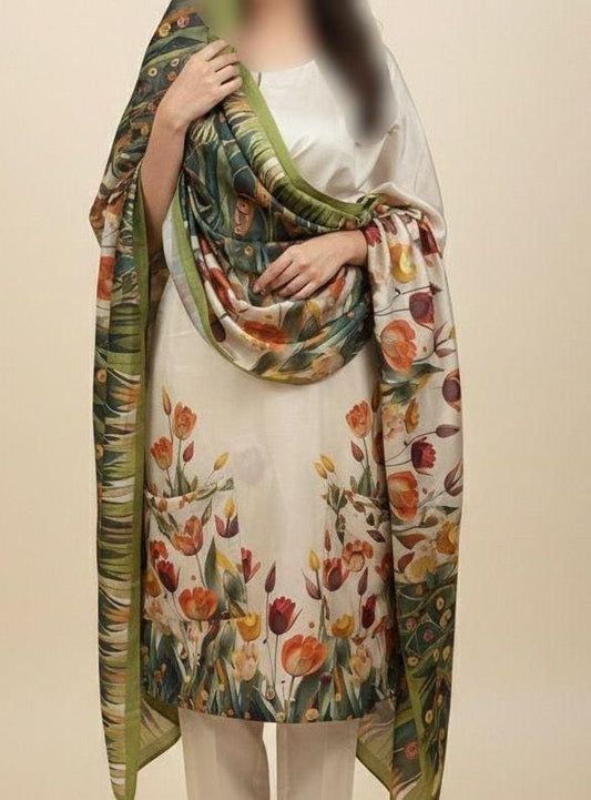 3PC Shamoze Silk Digital Print Dress (Cream)